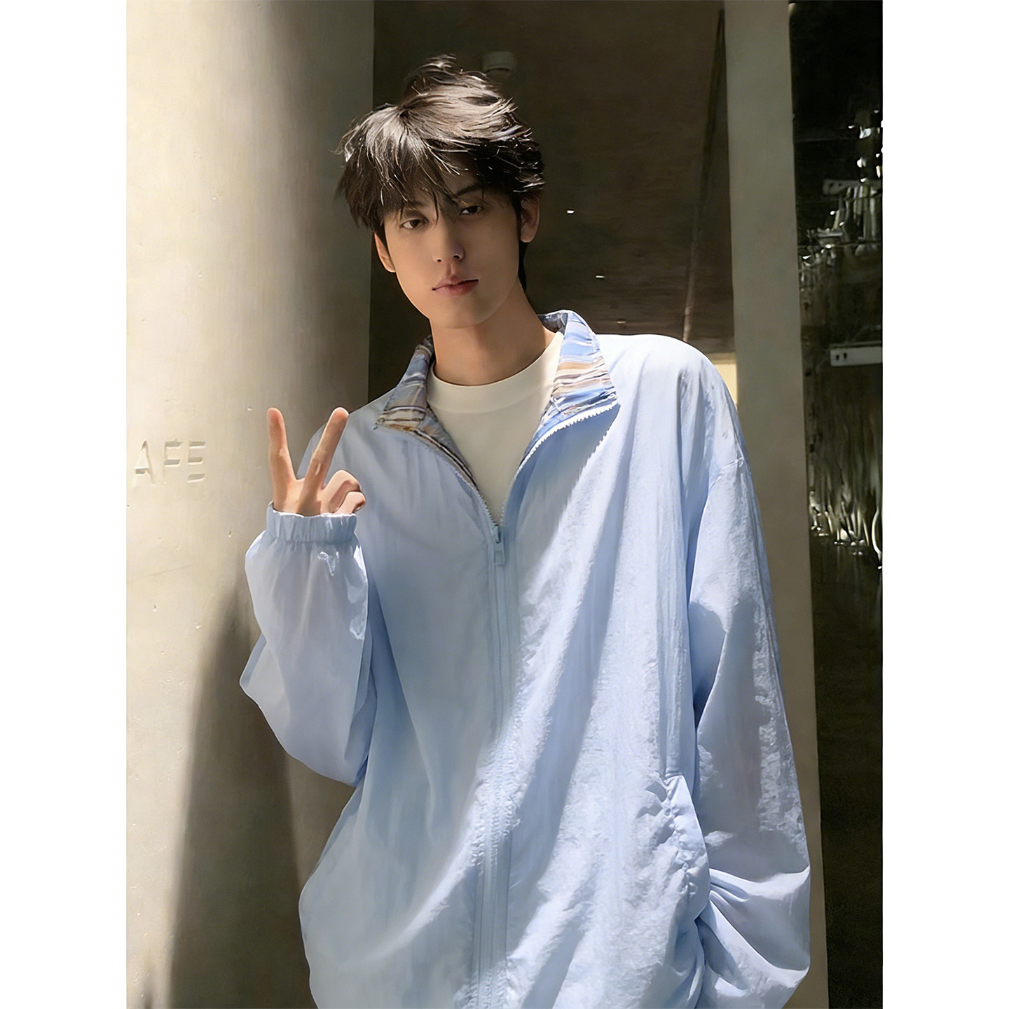 蓝色UPF50+防晒衣男女春夏季轻薄速干格子拼接外套户外运动骑行服