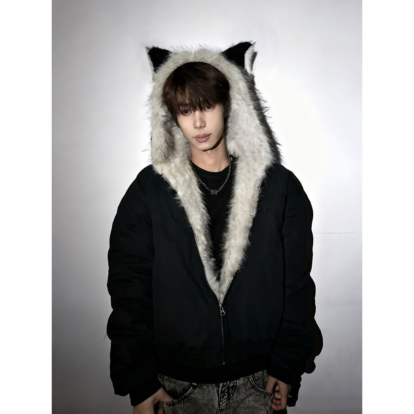 黑色美式座山雕猫耳朵连帽棉服