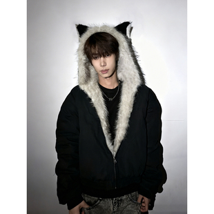 黑色美式 外套高级感痞帅棉衣 座山雕猫耳朵连帽棉服超好看男生冬装