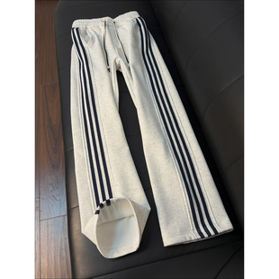 白花灰条纹运动卫裤男款秋冬加绒加厚宽松直筒休闲裤三条杠阔腿裤