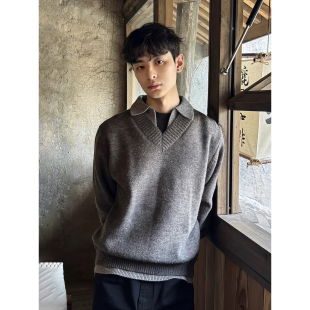 慵懒松弛感毛线衣 美式 灰色假两件v领毛衣男冬季 老钱风翻领针织衫