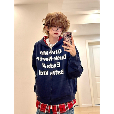 藏青色美式格子拼接连帽卫衣男