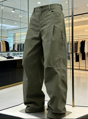 军绿色褶皱弯刀裤男款春秋季美式vibe运动休闲裤子美式情侣阔腿裤