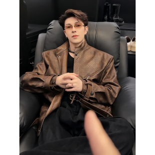 美拉德咖色皮衣外套男款秋季美式高街机车服夹克高级感痞帅棒球服