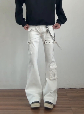 白色微喇绑带牛仔裤男款美式高街vibe裤子直筒高个子加长版弯刀裤