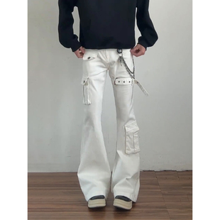 白色微喇绑带牛仔裤男款美式高街vibe裤子直筒高个子加长版弯刀裤