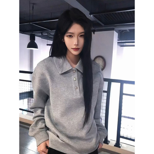 T恤重磅内搭打底衫 短宽boxy长袖 翻领卫衣男秋冬美式 浅灰色POLO衫
