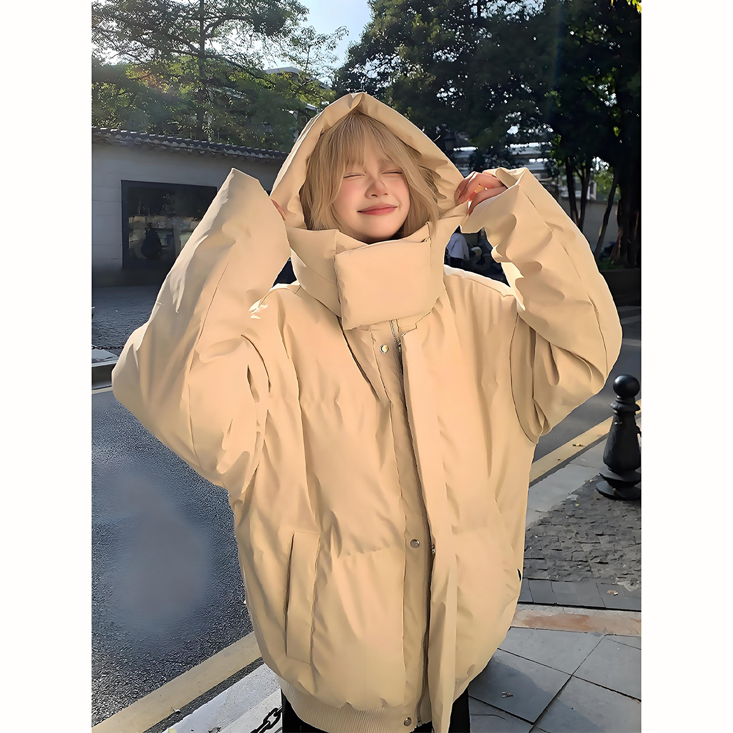 杏色pu皮连帽羽绒棉服男女款冬季