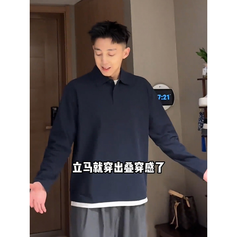 珠地棉假两件长袖T恤春重磅上衣