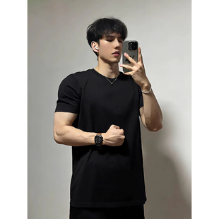 黑色小领口正肩短袖男款修身显肌肉健身美式运动t恤内搭打底半袖