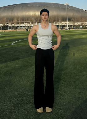 纯黑色直筒运动弯刀卫裤男款重磅垂感健身训练裤子修身显瘦休闲裤