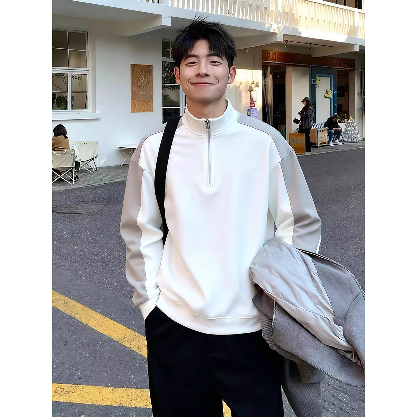 小高领撞色半拉链德绒打底衫男秋