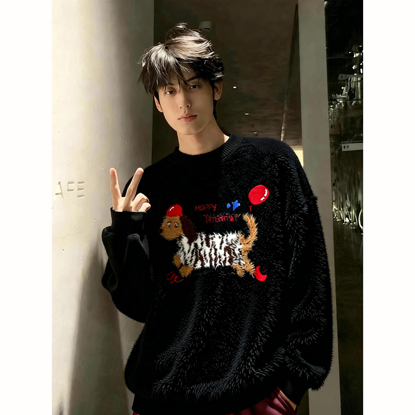 海马毛刺绣腊肠狗毛衣男款秋冬