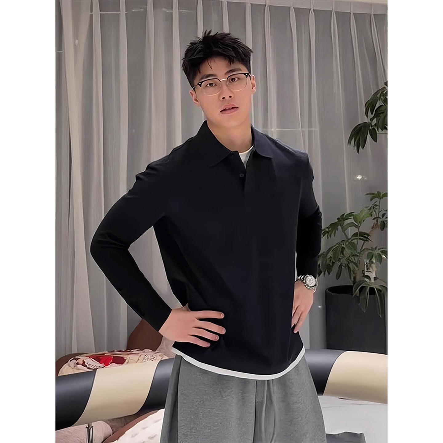 黑色美式假两件长袖t恤男款秋季