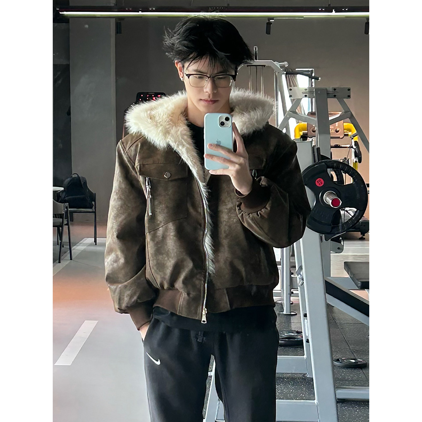 美式扎染毛领连帽座山雕棉服男款