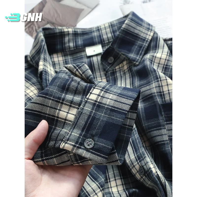 韩系藏蓝色格子衬衫宽松衬衣外套