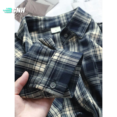 韩系藏蓝色格子衬衫宽松衬衣外套