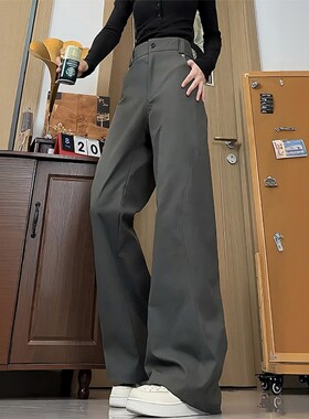 军绿色斜切弯刀工装裤男女秋季美式垂感直筒阔腿裤高腰显瘦微喇裤