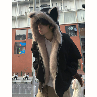 黑色猫耳座山雕夹克棉服男冬季设计感毛领棉衣防寒短款毛绒绒外套