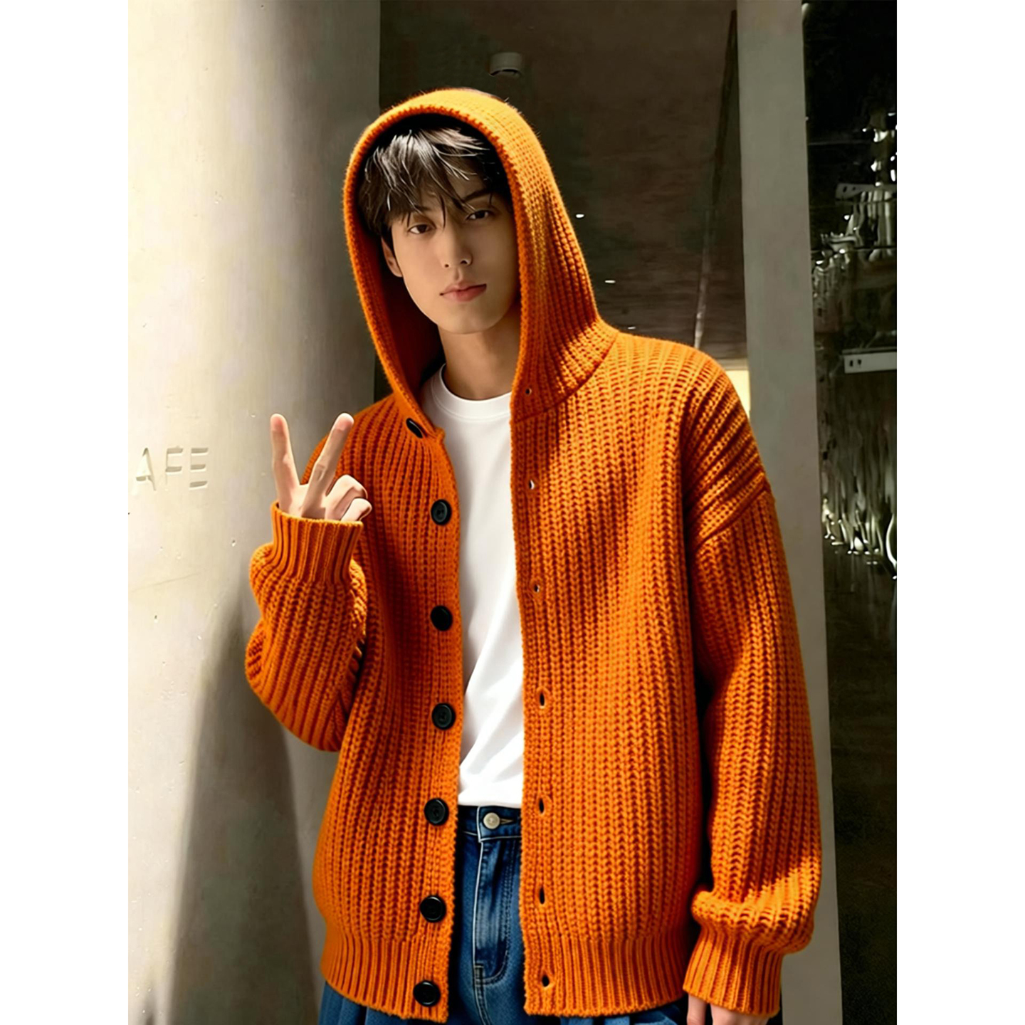 桔色毛衣开衫外套男款秋冬季