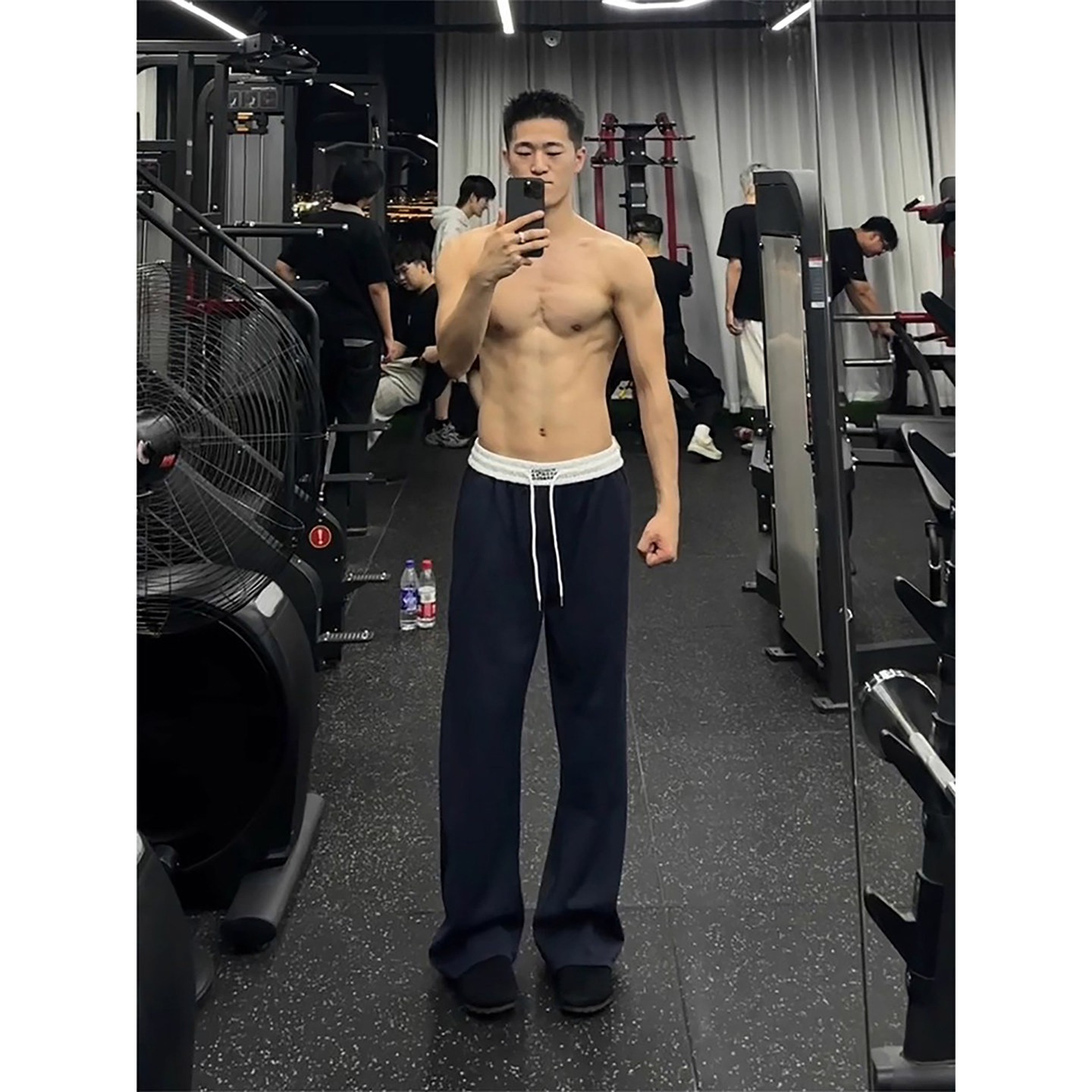 藏青色腰头拼色健身裤男直筒重磅