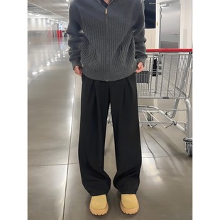 黑色A字弯刀西裤男款秋冬高级感垂坠感阔腿裤宽松褶皱加绒休闲裤