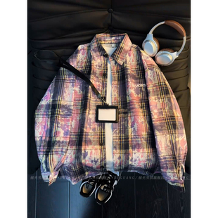 美式vintage扎染格子衬衫男春秋韩系氛围感情侣外套叠穿长袖衬衣