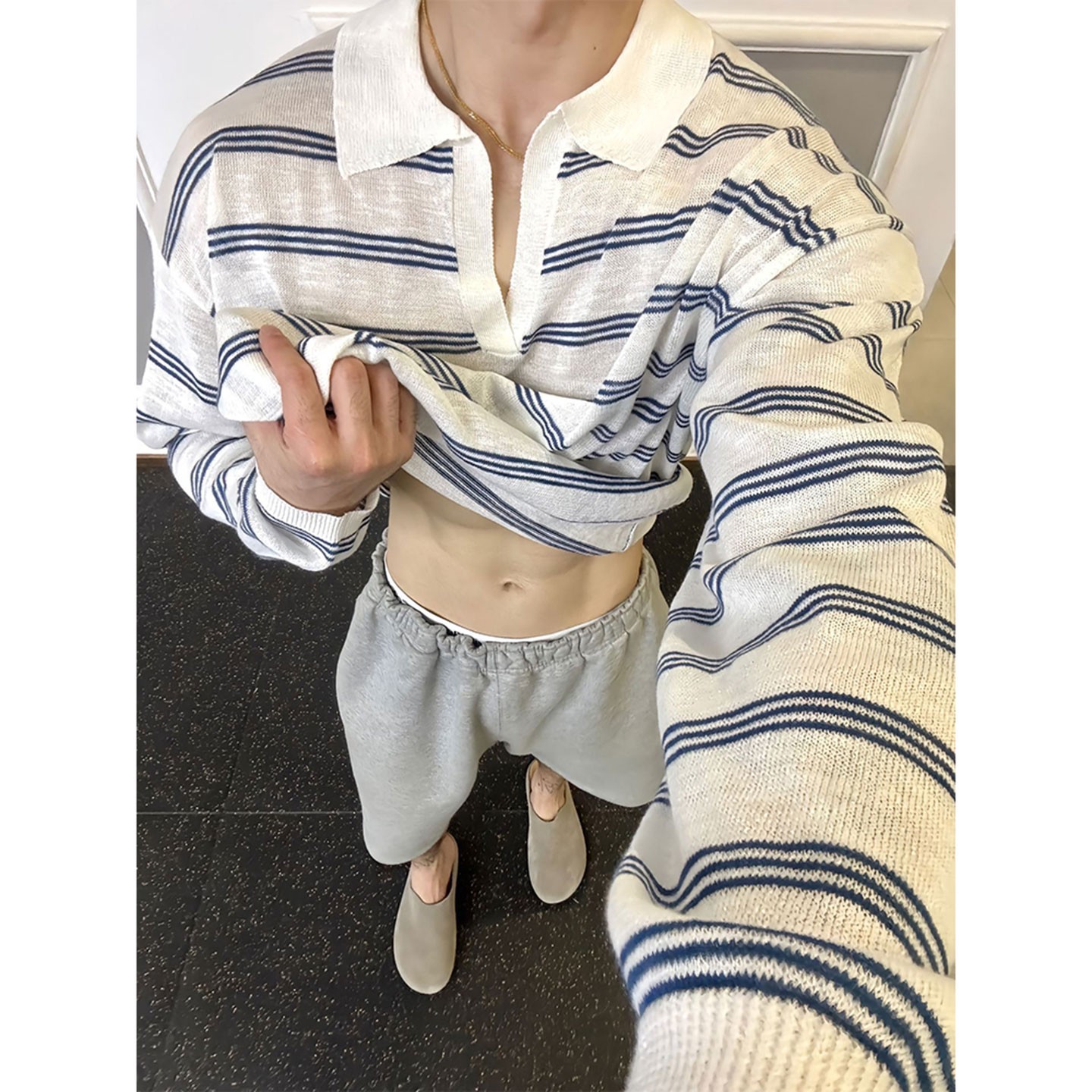 蓝色条纹polo衫长袖t恤男早秋凉感透气防晒罩衫健身运动针织上衣