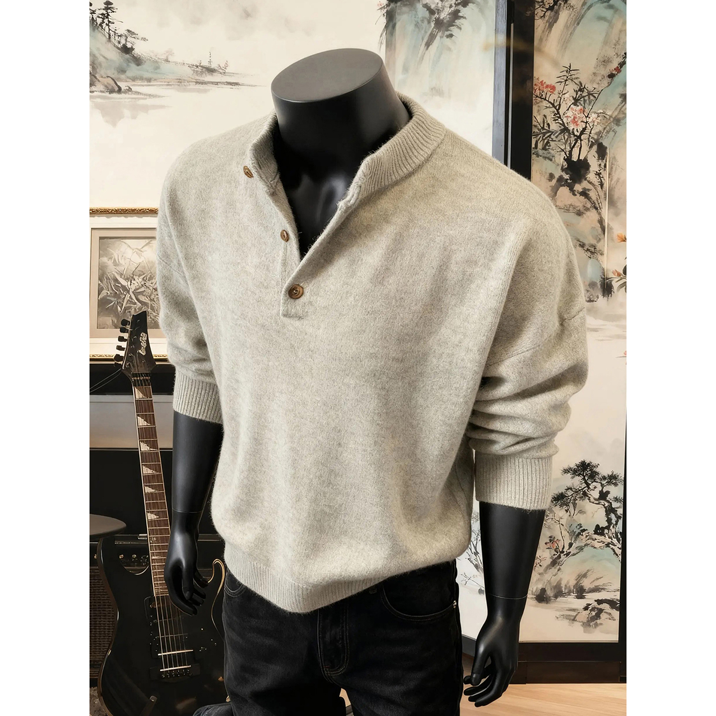 灰色美式亨利领卫衣男款秋冬季