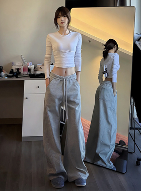 灰色美式斜切弯刀加绒卫裤男春秋冬季户外重磅裤子百搭运动休闲裤