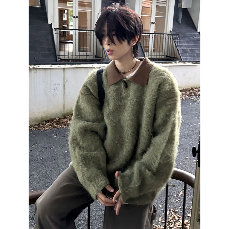 绿色马海毛翻领毛衣男款秋冬