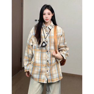 美式cleanfit橙黄色格子衬衫男春季复古风宽松衬衣学院风叠穿外套