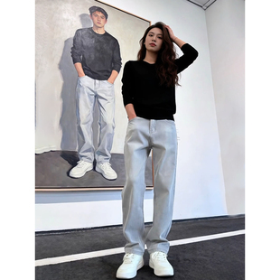 烟灰水泥色弹力牛仔裤男美式复古cleanfit裤子高腰提档直筒微喇裤