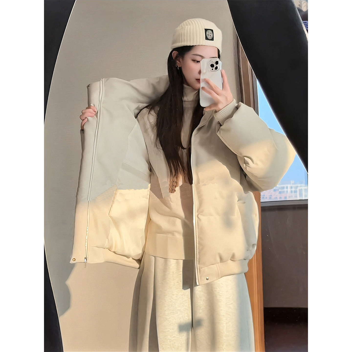 米白色帆布PU皮立领棉服男冬季