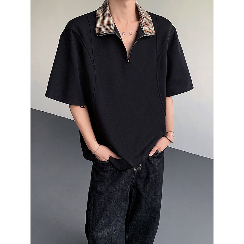 老钱风千鸟格拼色polo衫男款夏季