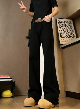 黑色弯刀加绒牛仔裤男春季美式高街vibe裤子显腿长修身直筒微喇裤