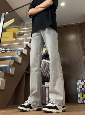 美式高街烟灰色牛仔裤男款cleanfit高腰微喇叭裤子直筒显瘦弯刀裤