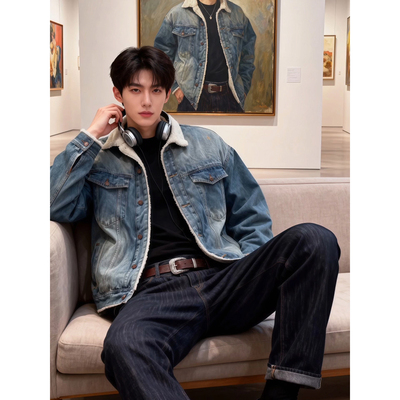 美式复古牛仔羊羔绒外套男款冬季