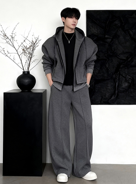 深灰色青少年酷帅卫衣套装男生ootd穿搭一整套连帽夹克弯刀阔腿裤