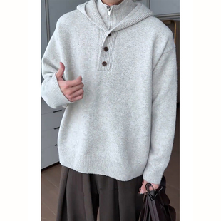 灰色假两件连帽高领毛衣男秋冬设计感半拉链针织衫高级感情侣外套