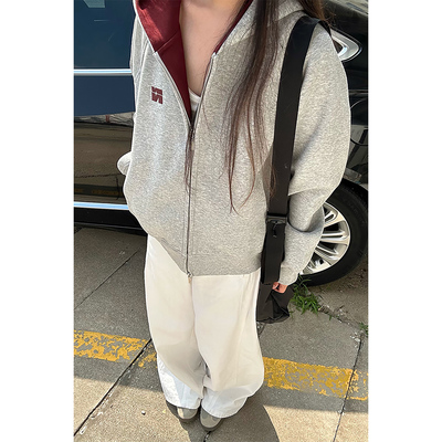 花灰色美式刺绣开衫卫衣男连帽衫