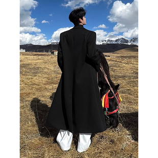黑色男士冬季长款教父大衣男加棉加厚呢子外套高级感过膝垫肩风衣