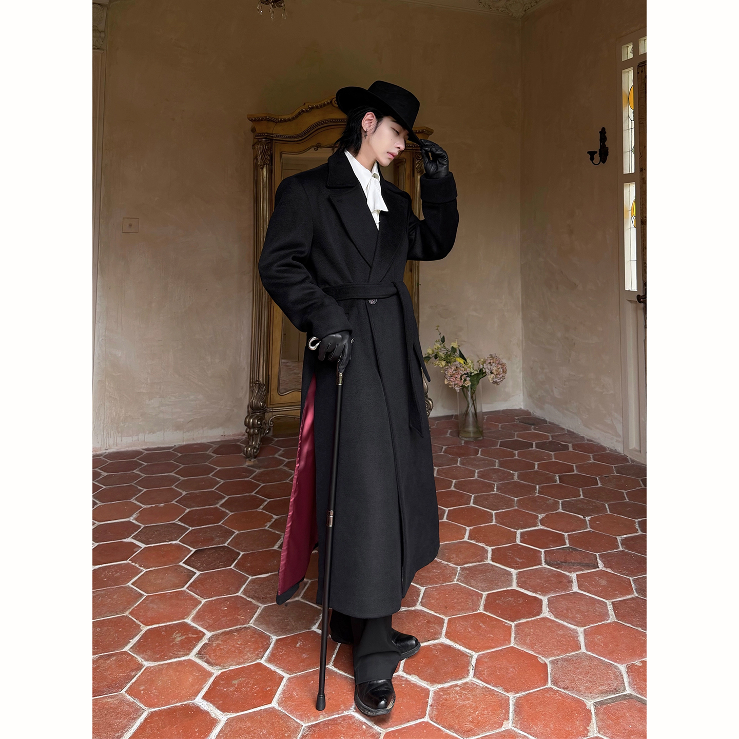 黑色红内教父毛呢大衣男秋冬外套