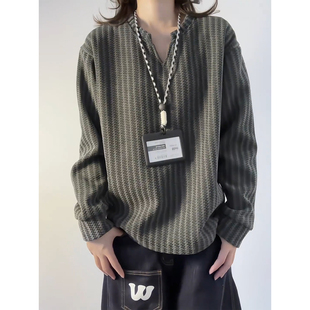 深灰色雪尼尔v领长袖t恤男女秋冬加绒加厚重磅卫衣外穿内搭打底衫