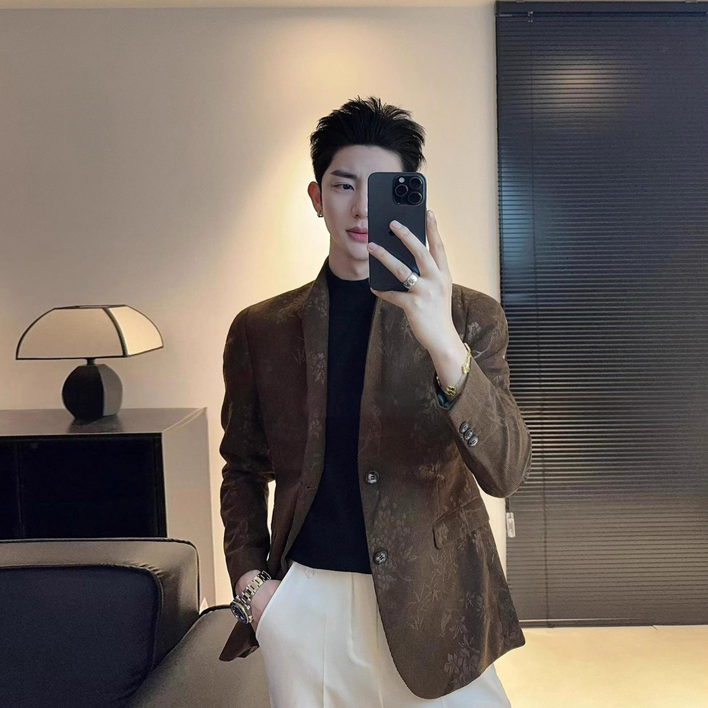 灯芯绒提花西装男士痞帅高端轻奢