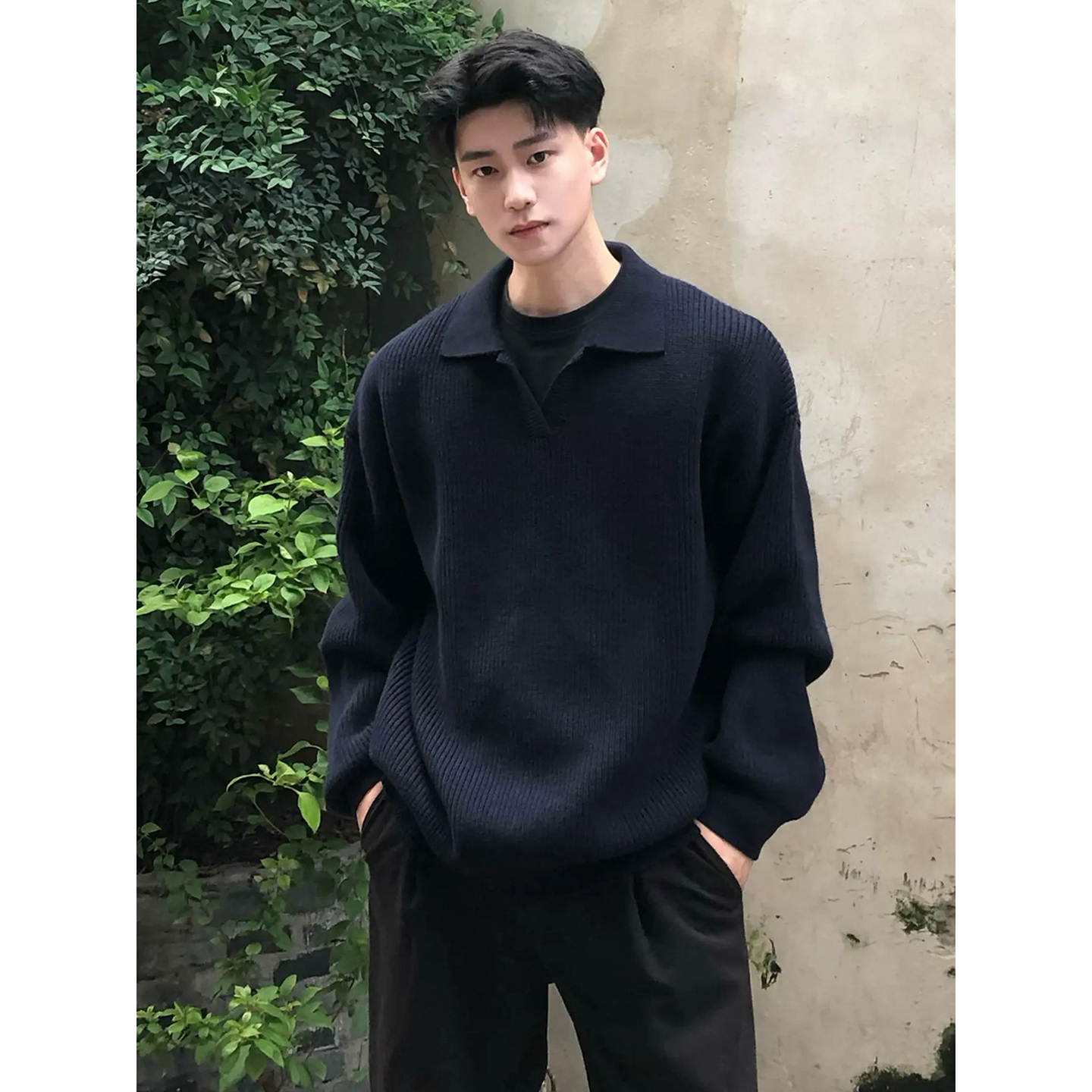 cleanfit黑色Polo领毛衣男高级感