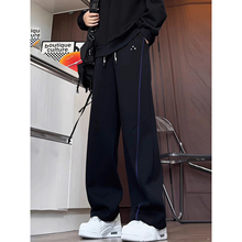 黑色美式斜切复线卫裤男款秋冬重磅加绒裤子青少年加长休闲运动裤