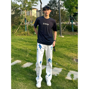 美式高街刺绣十字架牛仔裤男款秋季潮牌痞帅炸街裤子宽松直筒长裤