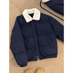 藏青色羊羔毛翻领棉服冬季男女款高级感棉衣加厚翻领短款夹克外套
