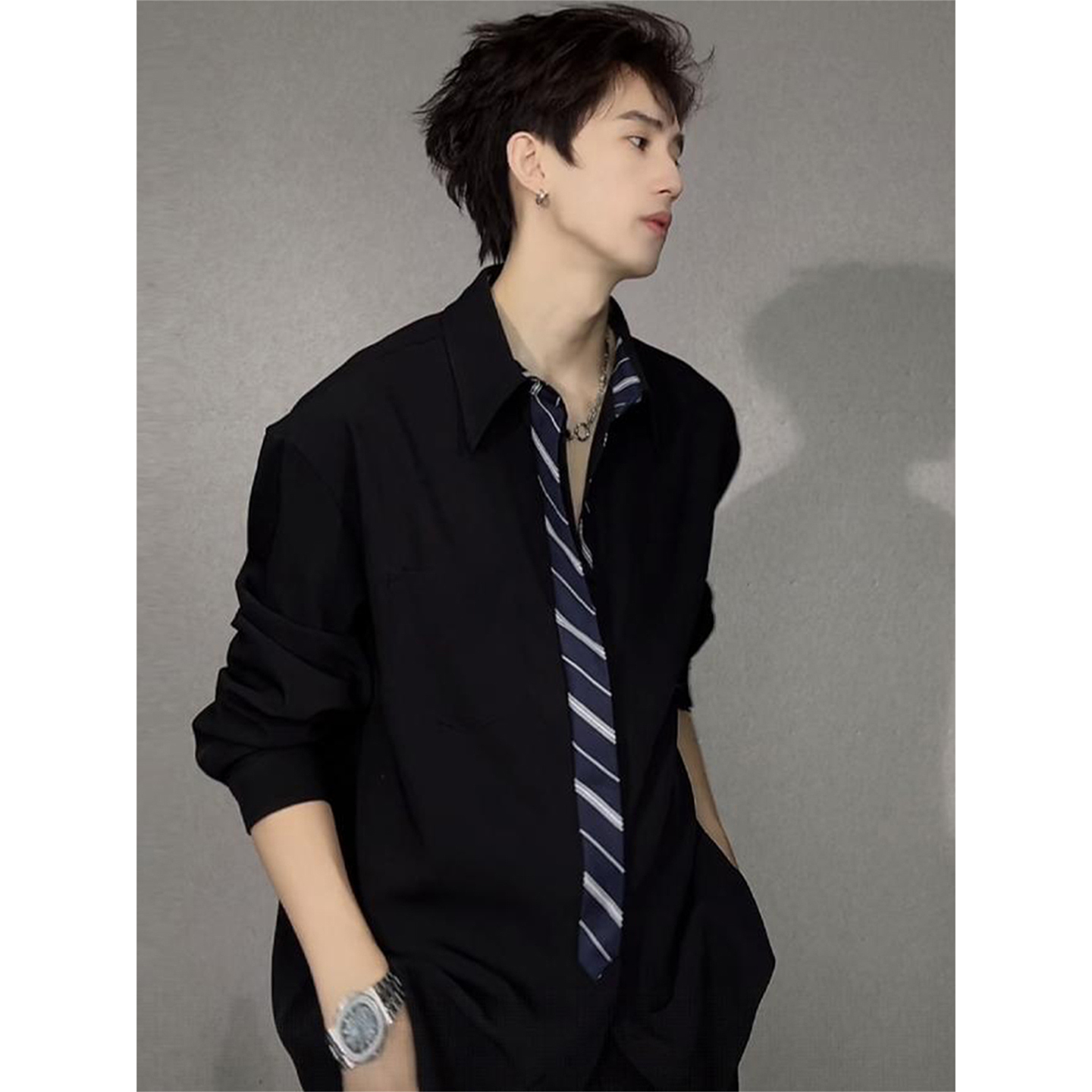 假领带冰丝长袖衬衫男小众设计感